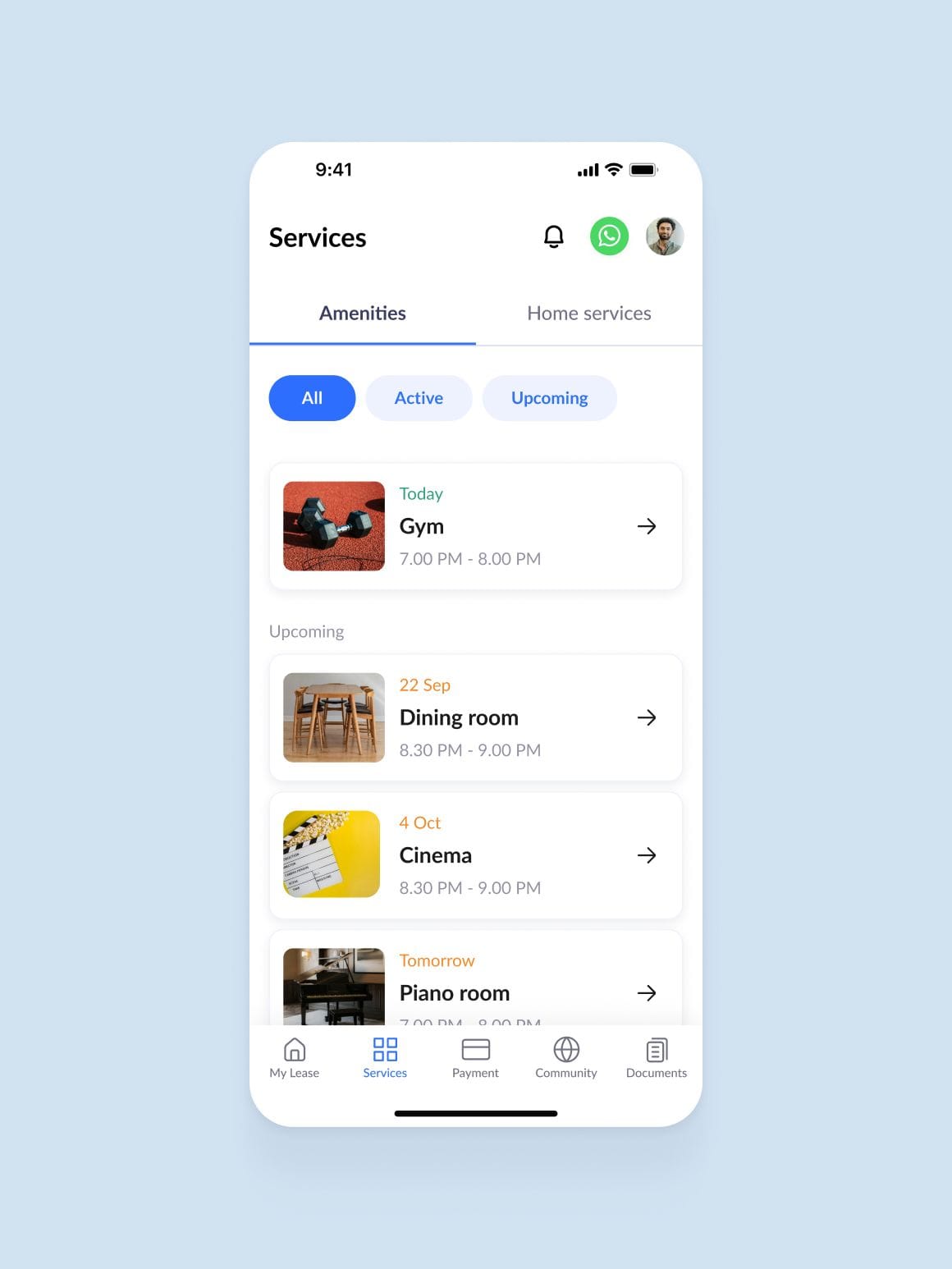 amenities booking for tenants in the mobile app