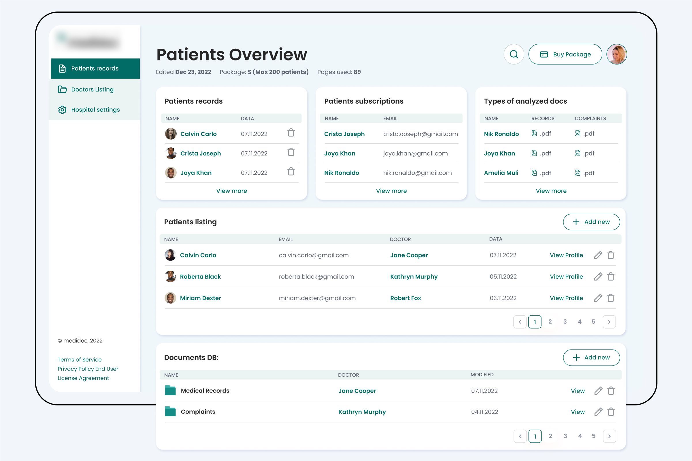 Patient overview HMS screen