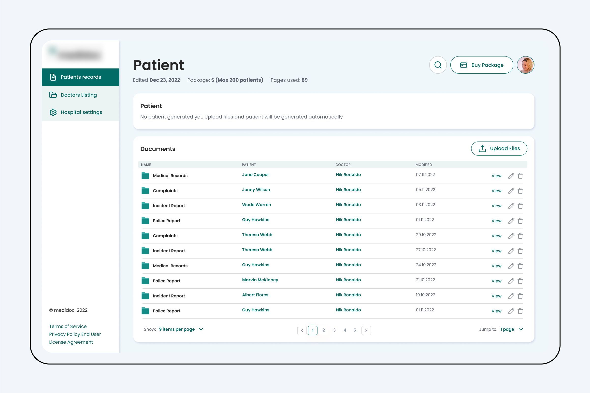 Patient records screen